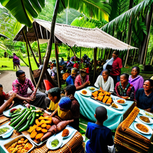 Home 4 Mumu Feast**
"A vibrant, overhead shot of a traditional Papuan Mumu feast, fully clothed people gathered around woven mats laden with steaming food cooked in banana leaves. The scene is set in a lush, tropical environment with dappled sunlight filtering through the canopy. Focus on the colorful array of roasted meats (pork and chicken), root vegetables (taro, sweet potatoes), and fruits. The background shows glimpses of traditional housing and smiling faces. Safe for work, appropriate content, fully clothed, family-friendly, perfect anatomy, correct proportions, natural pose, professional food photography, high quality."
**