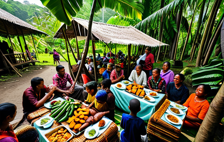 Mumu Feast**
"A vibrant, overhead shot of a traditional Papuan Mumu feast, fully clothed people gathered around woven mats laden with steaming food cooked in banana leaves. The scene is set in a lush, tropical environment with dappled sunlight filtering through the canopy. Focus on the colorful array of roasted meats (pork and chicken), root vegetables (taro, sweet potatoes), and fruits. The background shows glimpses of traditional housing and smiling faces. Safe for work, appropriate content, fully clothed, family-friendly, perfect anatomy, correct proportions, natural pose, professional food photography, high quality."
**