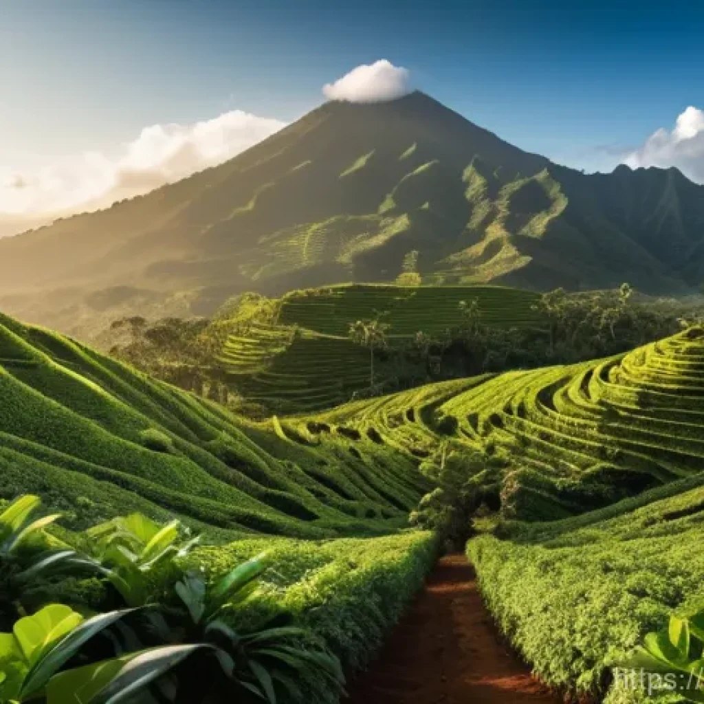 파푸아뉴기니 커피 산업과 수출 - **Prompt:** A breathtaking panoramic view of a coffee plantation nestled high in the Western Highlan...