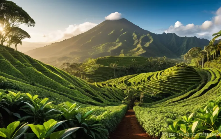 파푸아뉴기니 커피 산업과 수출 - **Prompt:** A breathtaking panoramic view of a coffee plantation nestled high in the Western Highlan...