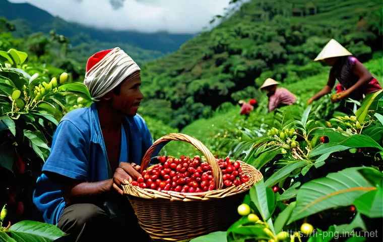파푸아뉴기니 커피 산업과 수출 - **Prompt:** A breathtaking panoramic view of a coffee plantation nestled high in the Western Highlan...