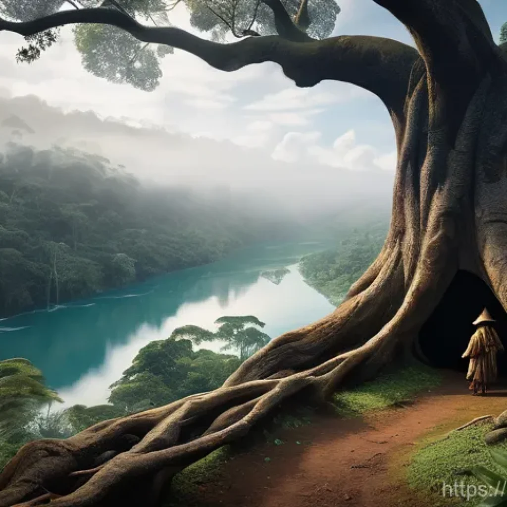 파푸아뉴기니의 유명한 전설 및 신화 - **Prompt:** A serene, ethereal ancestral spirit, glowing softly, gently shaping a human figure from ...