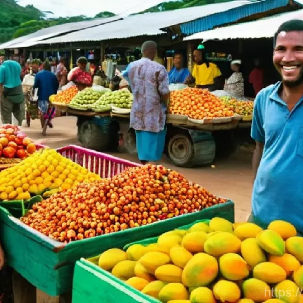 파푸아뉴기니 피진 영어 배우기 - **Prompt 1: Market Encounter and First Words**
    "A bustling, vibrant open-air market in a coastal...