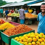 파푸아뉴기니 피진 영어 배우기 - **Prompt 1: Market Encounter and First Words**
    "A bustling, vibrant open-air market in a coastal...