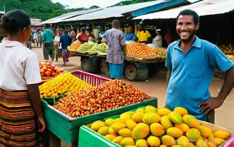 파푸아뉴기니 피진 영어 배우기 - **Prompt 1: Market Encounter and First Words**
    "A bustling, vibrant open-air market in a coastal...