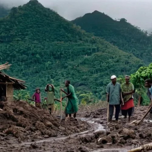파푸아뉴기니 자연재해 사례 - **Prompt:** A somber, documentary-style shot depicting the immediate aftermath of a severe landslide...