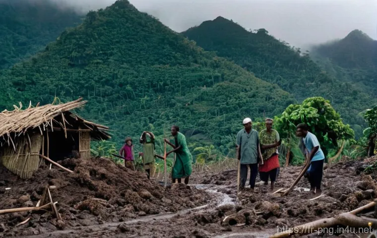 파푸아뉴기니 자연재해 사례 - **Prompt:** A somber, documentary-style shot depicting the immediate aftermath of a severe landslide...
