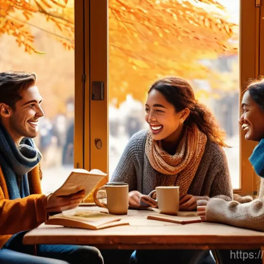 파푸아뉴기니에서의 교통 수단 - **Prompt 1: Cozy Autumn Cafe Scene**
    A group of diverse friends (two women and two men, all in t...