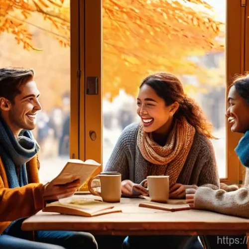 파푸아뉴기니에서의 교통 수단 - **Prompt 1: Cozy Autumn Cafe Scene**
    A group of diverse friends (two women and two men, all in t...