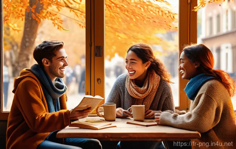 파푸아뉴기니에서의 교통 수단 - **Prompt 1: Cozy Autumn Cafe Scene**
    A group of diverse friends (two women and two men, all in t...