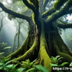 파푸아뉴기니 자연경관 및 생태계 - A breathtaking tropical rainforest scene in Papua New Guinea, featuring towering ancient trees with ...