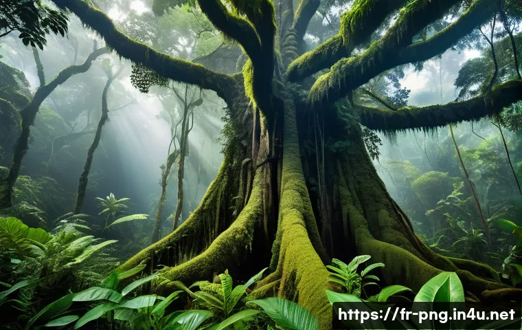 파푸아뉴기니 자연경관 및 생태계 - A breathtaking tropical rainforest scene in Papua New Guinea, featuring towering ancient trees with ...