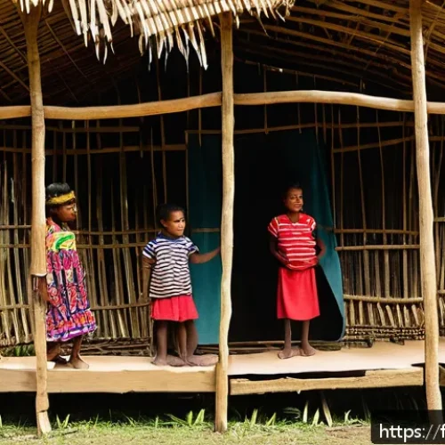 파푸아뉴기니에서의 NGO 활동 - A vibrant community workshop in a remote Papua New Guinea village, showing diverse local adults and ...