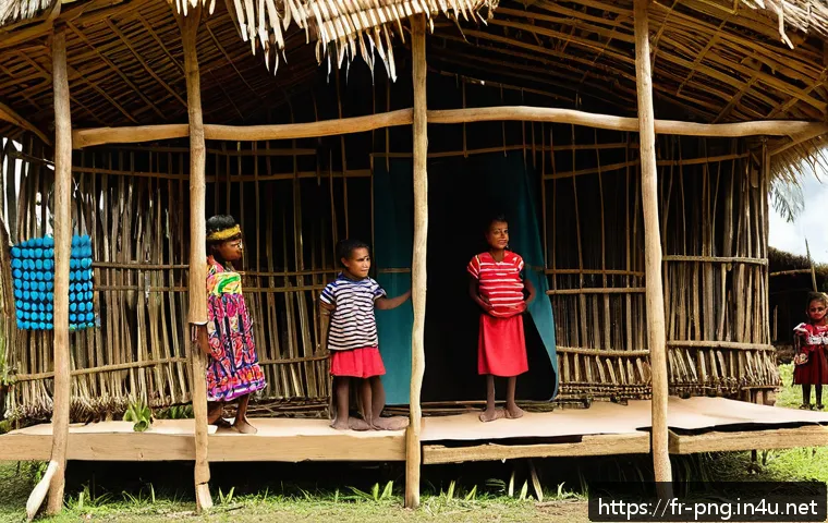 파푸아뉴기니에서의 NGO 활동 - A vibrant community workshop in a remote Papua New Guinea village, showing diverse local adults and ...
