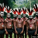 파푸아뉴기니 전통 부족 문화 - A vibrant scene of a Papua New Guinean initiation ceremony featuring young tribal members wearing tr...