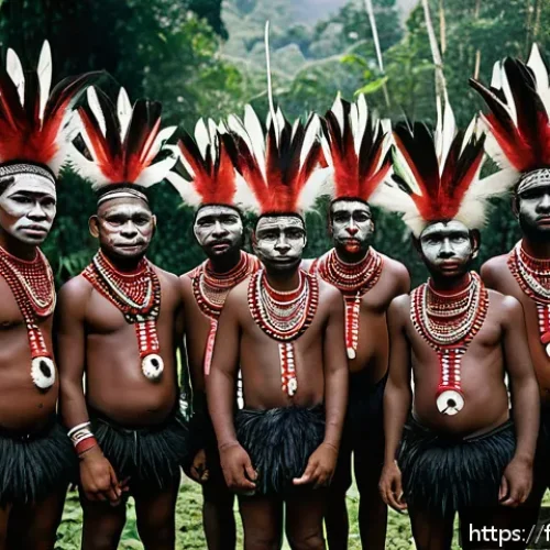 파푸아뉴기니 전통 부족 문화 - A vibrant scene of a Papua New Guinean initiation ceremony featuring young tribal members wearing tr...