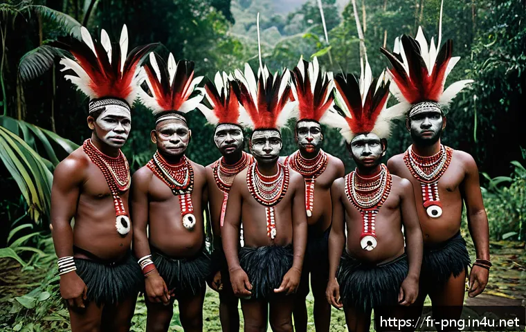 파푸아뉴기니 전통 부족 문화 - A vibrant scene of a Papua New Guinean initiation ceremony featuring young tribal members wearing tr...