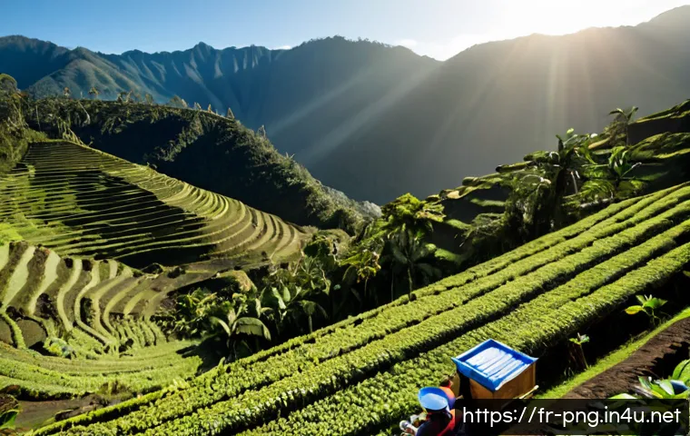 Home 17 파푸아뉴기니 경제 구조 - Photorealistic wide-angle view of Papua New Guinea’s diversified economy: smallholder farmers harves...