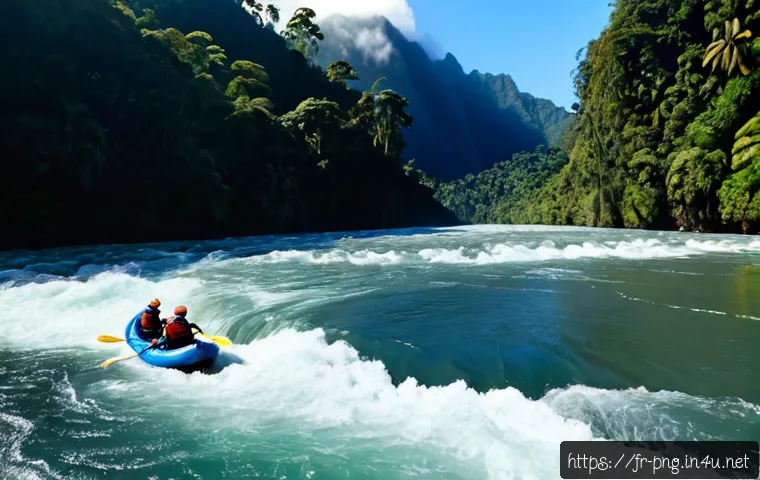 파푸아뉴기니에서 경험할 수 있는 어드벤처 활동 - Photorealistic white-water rafting adventure on Papua New Guinea’s lush Watut River, diverse group o...